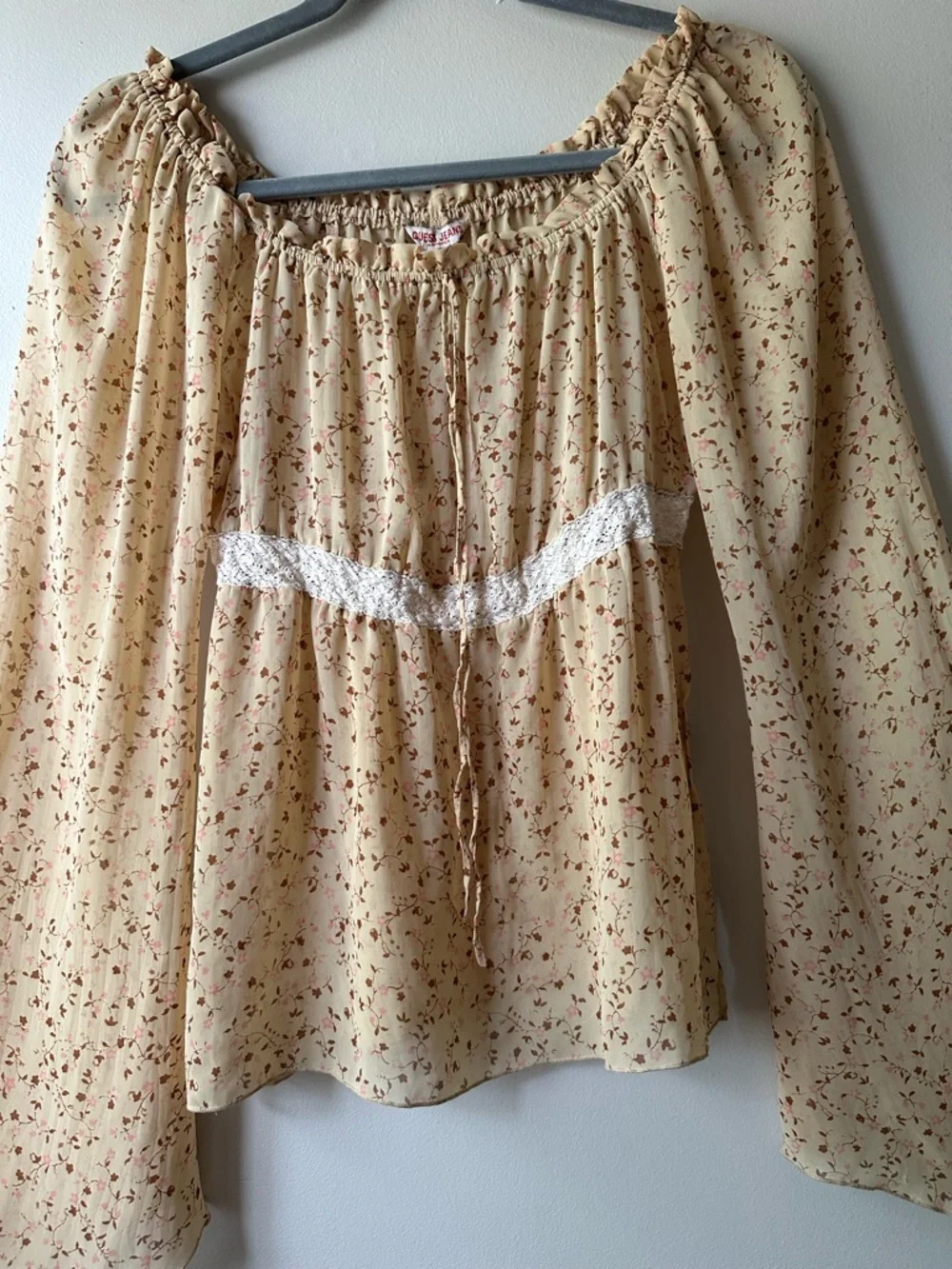 Guess Jeans Boho Peasant Blouse Cottagecore Whimsical Cream Lace Trim Size S - Picture 6 of 11